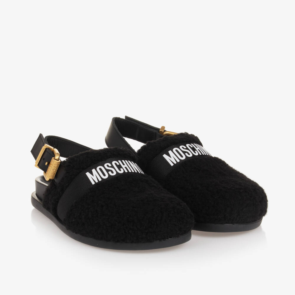 Moschino-Boys Black Shearling Logo Mules | Childrensalon Outlet