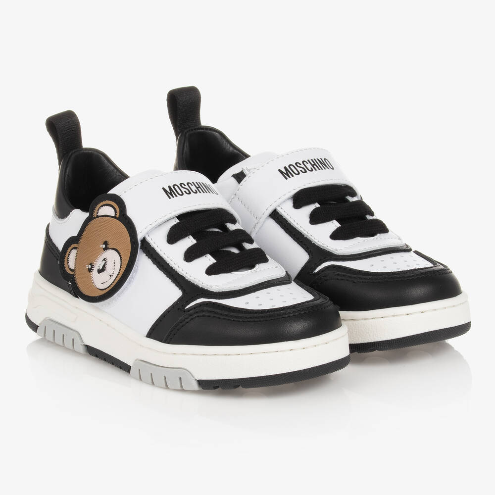 Moschino Kid-Teen - Boys Black & White Leather Trainers | Childrensalon