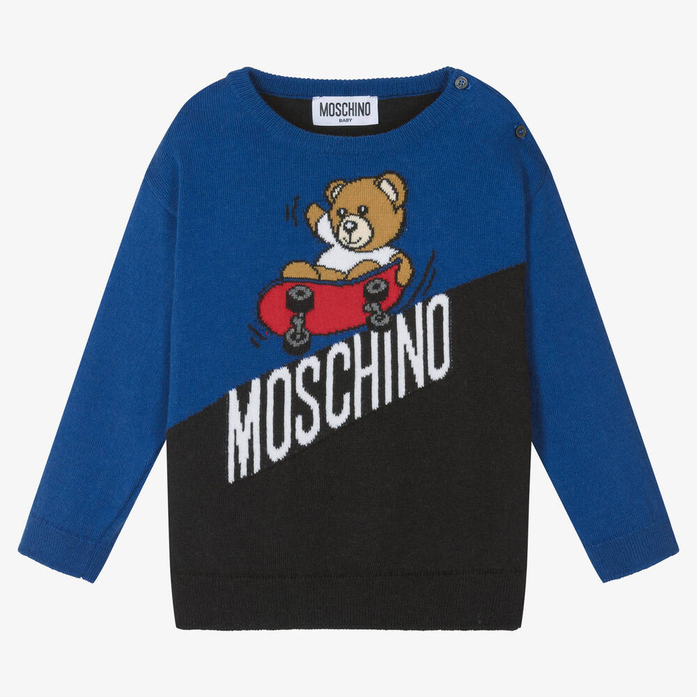 Moschino Baby - بلوفر أطفال ولادي مزيج قطن لون أزرق وأسود  | Childrensalon