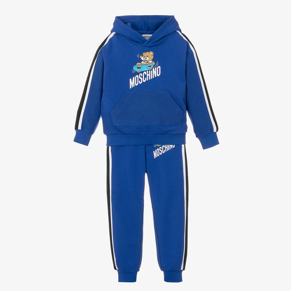 Moschino Kid-Teen - Синий спортивный костюм из хлопка с полосками и медвежонком | Childrensalon