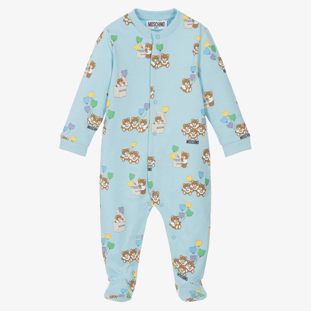 Moschino Baby - Boys Blue Cotton Teddy Bear Babygrow | Childrensalon