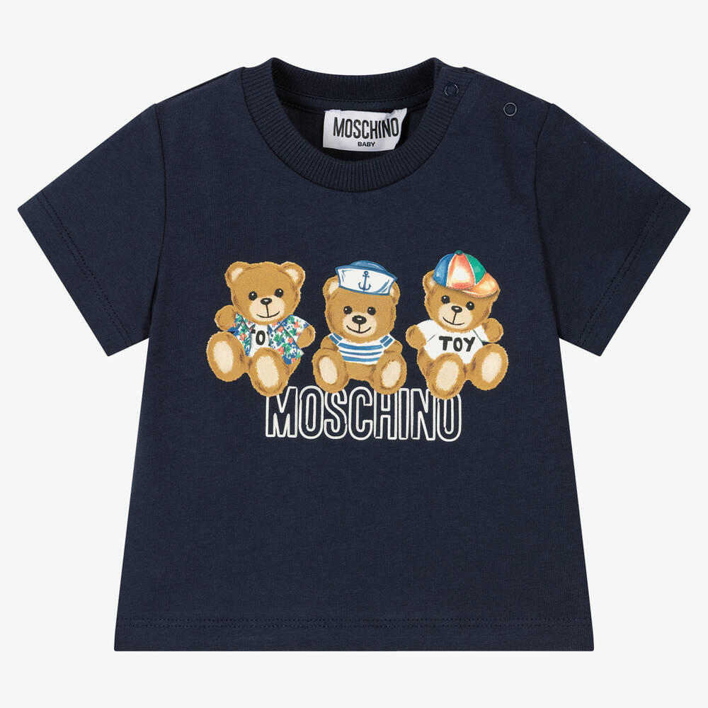 Moschino Baby - Boys Blue Cotton Teddy Bear Logo T-Shirt | Childrensalon