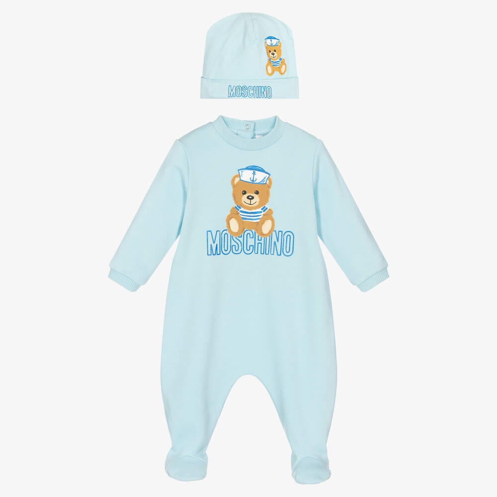 Moschino Baby - Boys Blue Teddy Bear Babygrow & Hat Set | Childrensalon