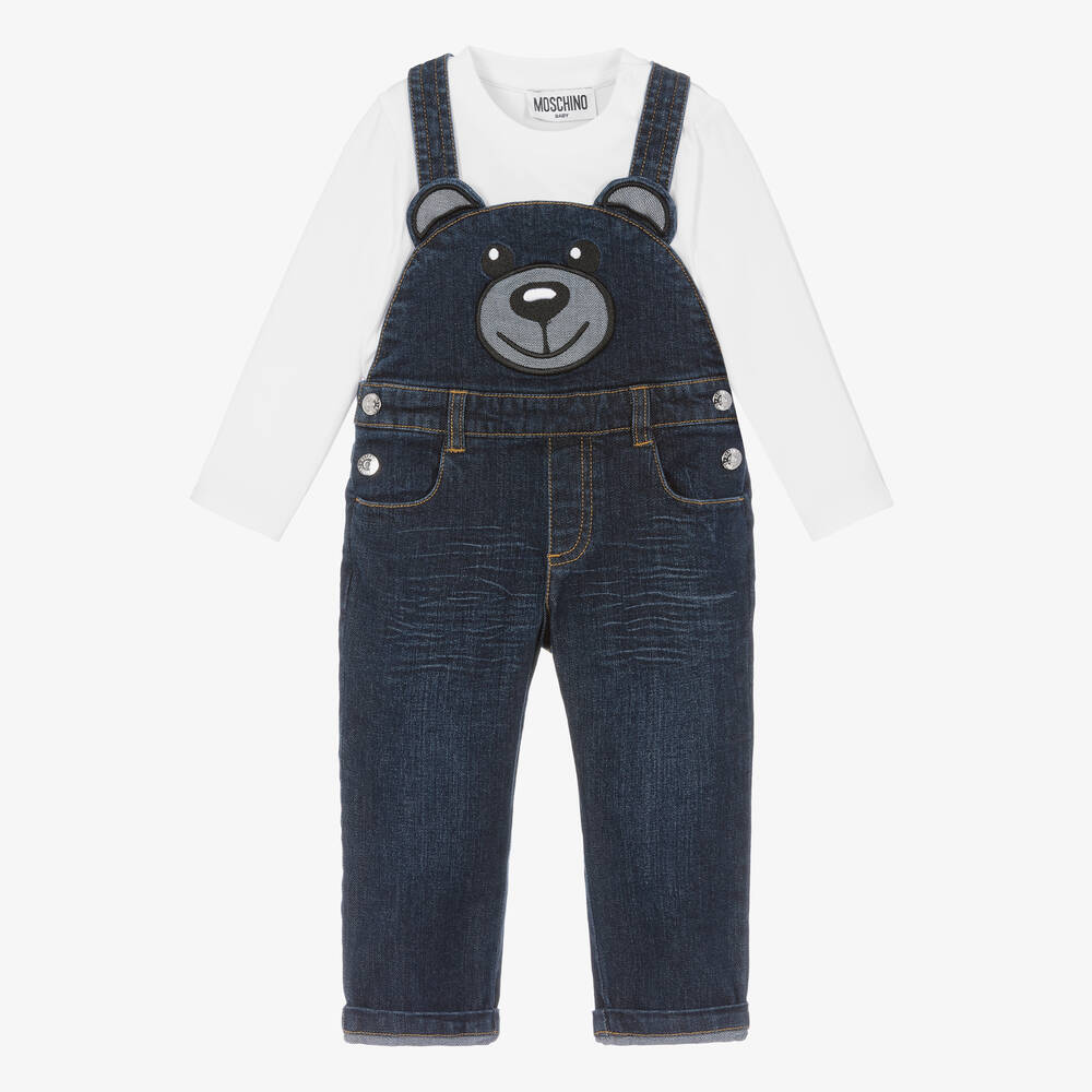 Moschino Baby - Blaues Teddy-Jeans-Latzhosen-Set | Childrensalon