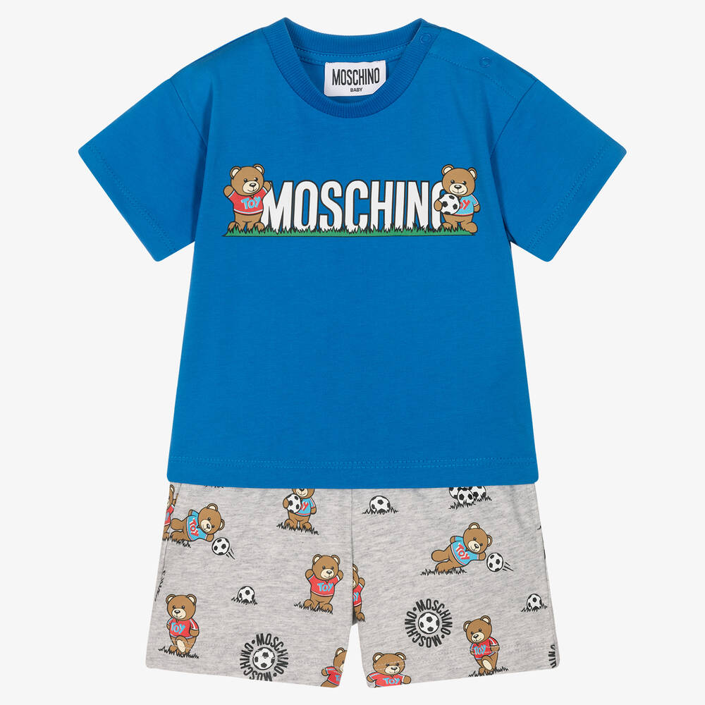 Moschino Baby - طقم شورت قطن لون أبيض وأزرق للأولاد | Childrensalon