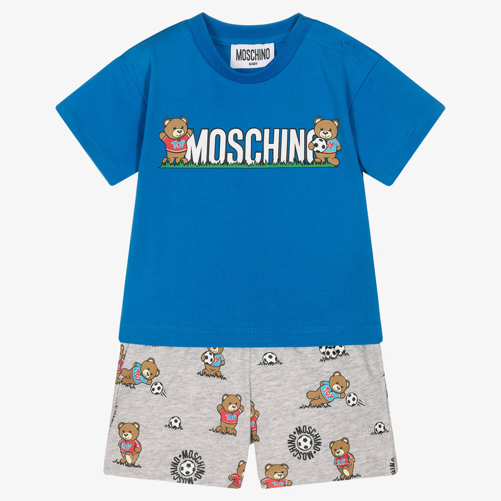 Moschino Baby-طقم شورت قطن لون أبيض وأزرق للأولاد | Childrensalon Outlet
