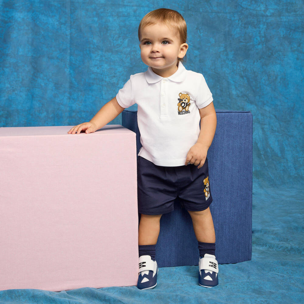 موسكينو-خطوات أولى للأولاد من الجلد الأزرق والأبيض | Childrensalon Outlet