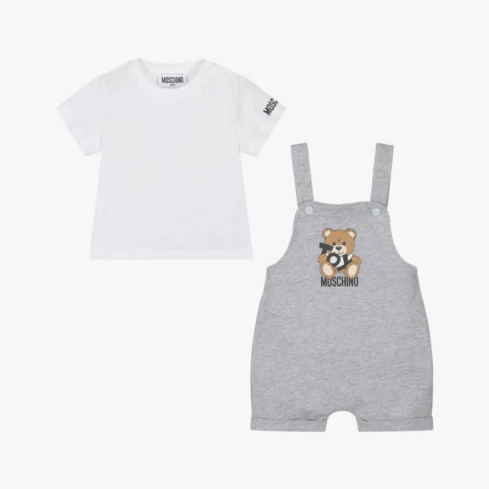 Moschino-Boys Grey Bear Dungaree Ensemble | Childrensalon Outlet