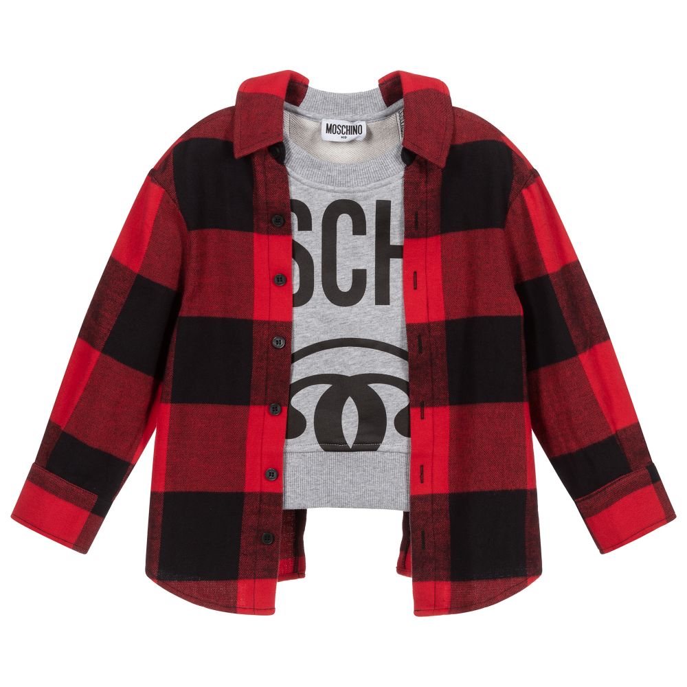 Moschino Kid-Teen - Boys Grey & Red Check Top | Childrensalon