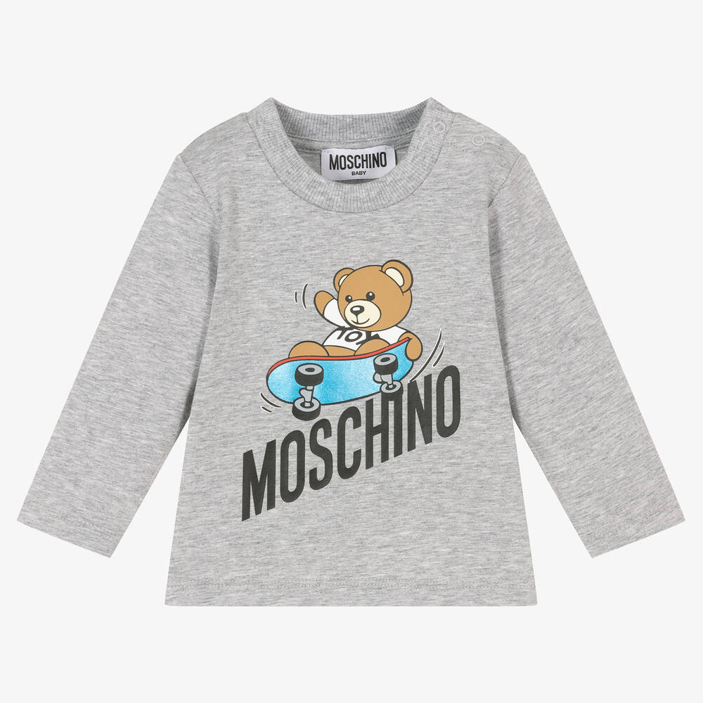 Moschino Baby - Серая футболка с медвежонком на скейте для мальчиков | Childrensalon