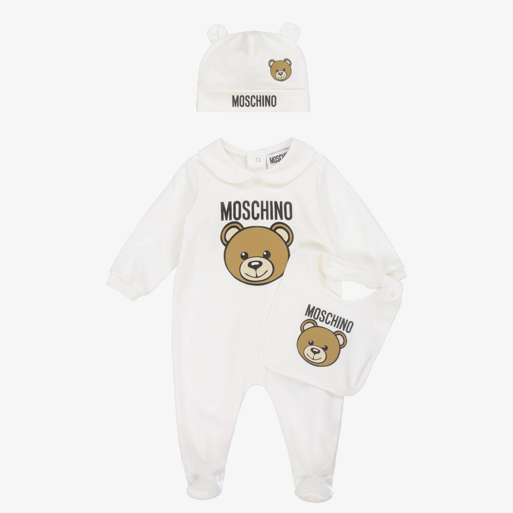 Moschino-Boys Ivory Bear Babysuit Trio | Childrensalon Outlet