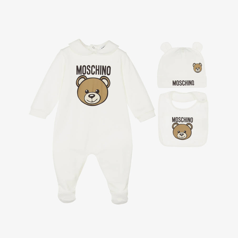 Moschino-Boys Ivory Bear Babysuit Trio | Childrensalon Outlet