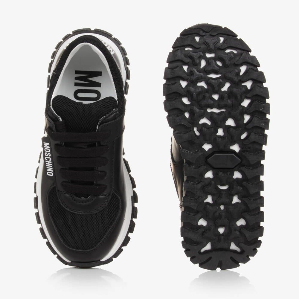 Moschino-Boys Lace-Up Black Leather Trainers | Childrensalon Outlet