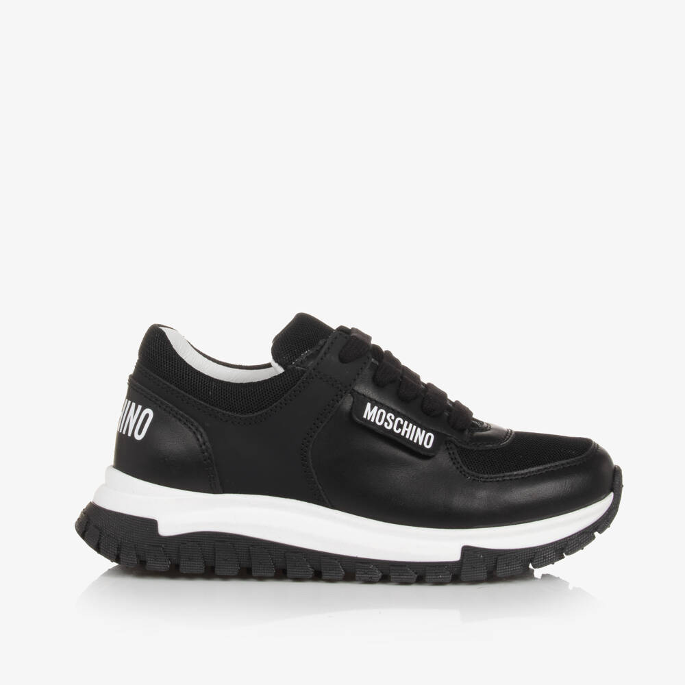 Moschino-Boys Lace-Up Black Leather Trainers | Childrensalon Outlet
