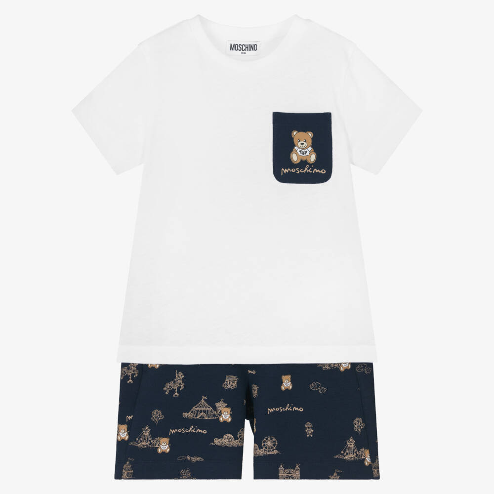 Moschino-طقم قطني للأولاد باللونين الأزرق الداكن والأبيض | Childrensalon Outlet
