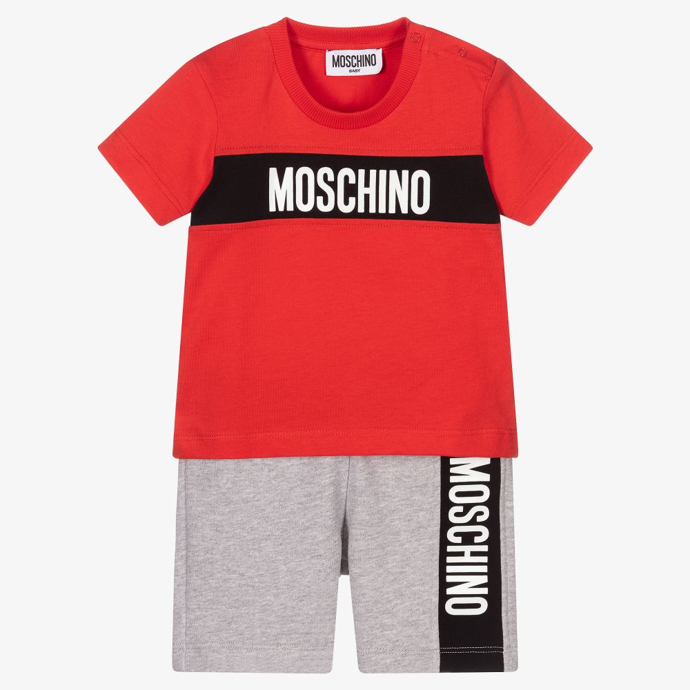 Moschino Baby - طقم شورت أطفال ولادي قطن لون أحمر ورمادي | Childrensalon