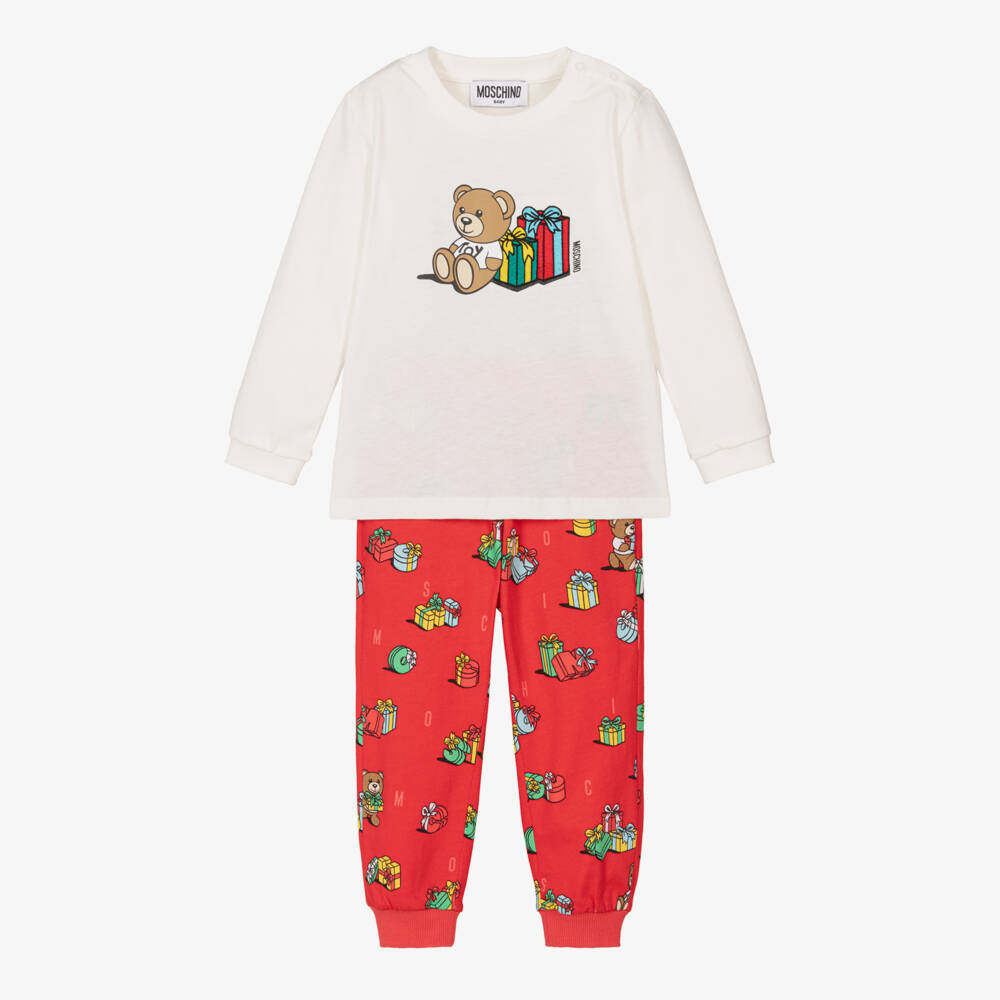 Moschino Baby-طقم بنطلون قطن جيرسي لون أحمر وعاجي للأطفال | Childrensalon Outlet
