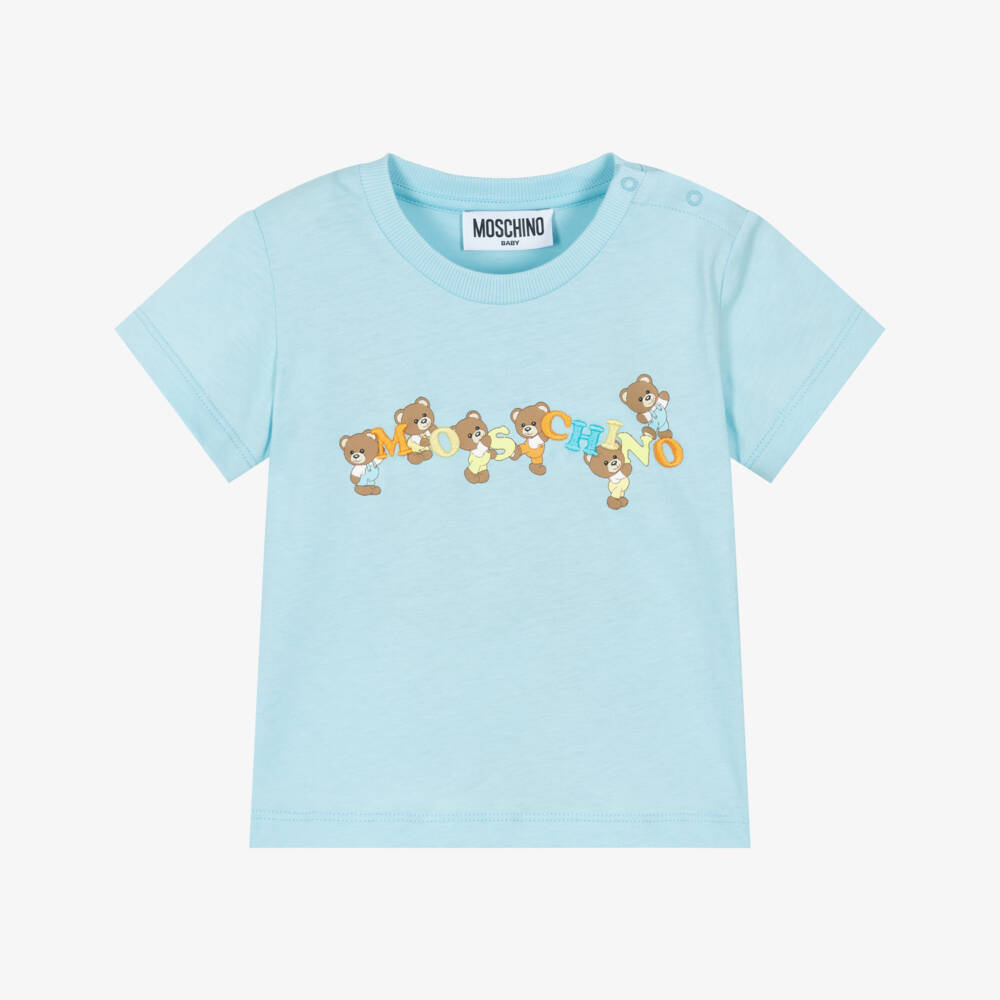Moschino-Boys Sky Blue Logo Tee | Childrensalon Outlet