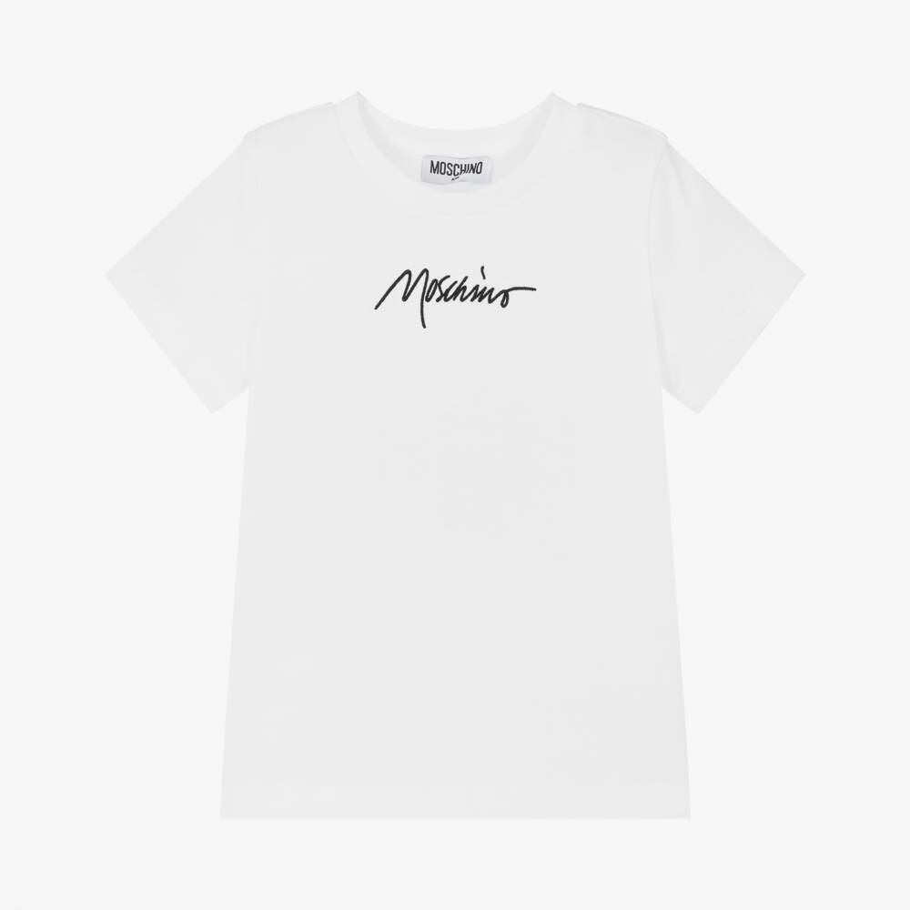 Moschino-Boys Soft Cotton White Logo Tee | Childrensalon Outlet