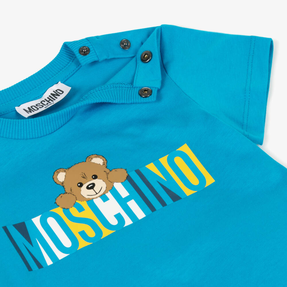Moschino-Boys Teal Bear Print Tee | Childrensalon Outlet