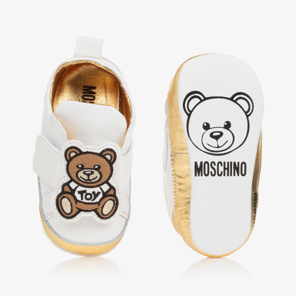 Moschino Baby-Boys White and Gold Leather Pre-Walkers | Childrensalon Outlet