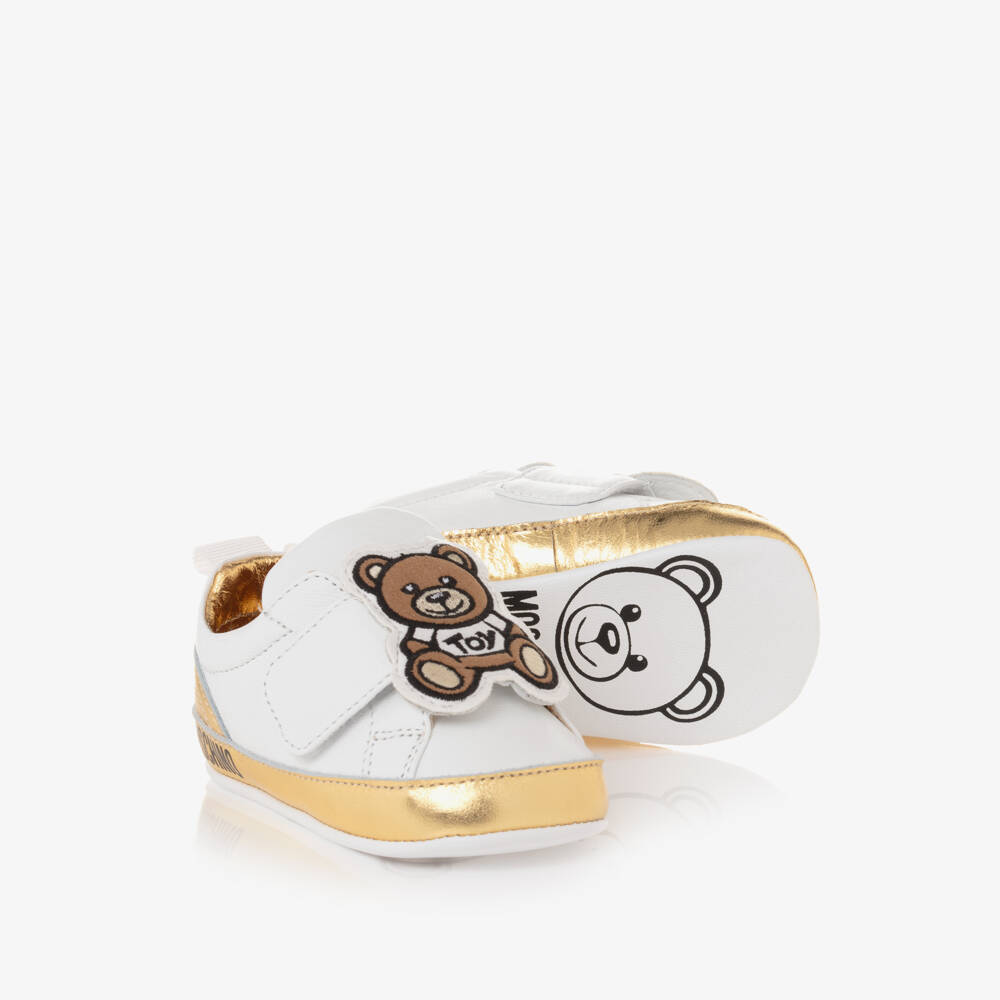 Moschino Baby-Boys White and Gold Leather Pre-Walkers | Childrensalon Outlet