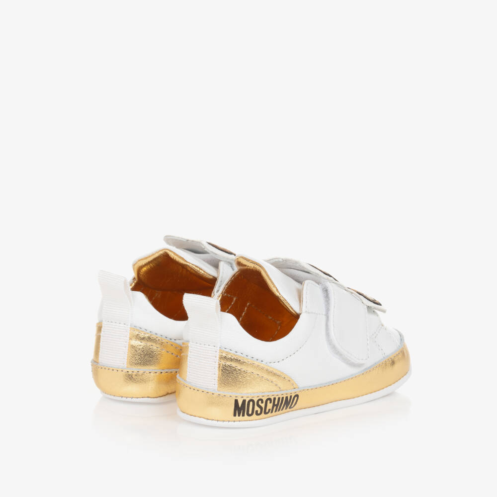 Moschino Baby-Boys White and Gold Leather Pre-Walkers | Childrensalon Outlet