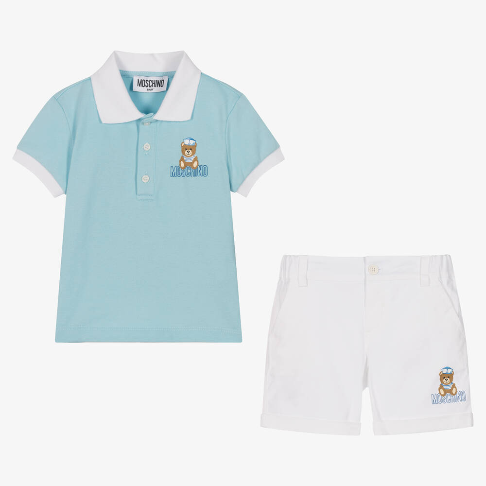 Moschino Baby-طقم شورت أطفال ولادي مزيج قطن لون أبيض وأزرق | Childrensalon Outlet