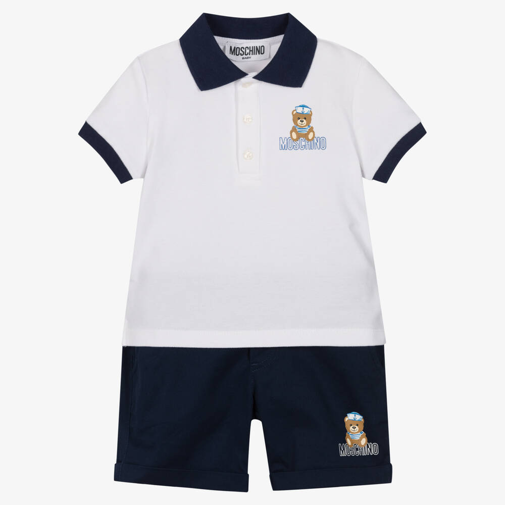 Moschino Baby-Boys White & Blue Cotton Shorts Set | Childrensalon Outlet