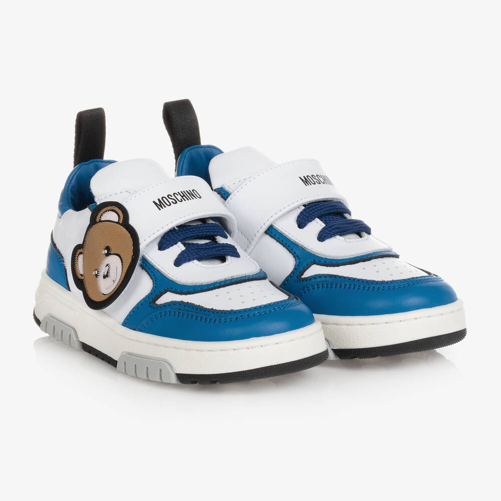 Moschino Kid-Teen - Boys White & Blue Leather Trainers | Childrensalon