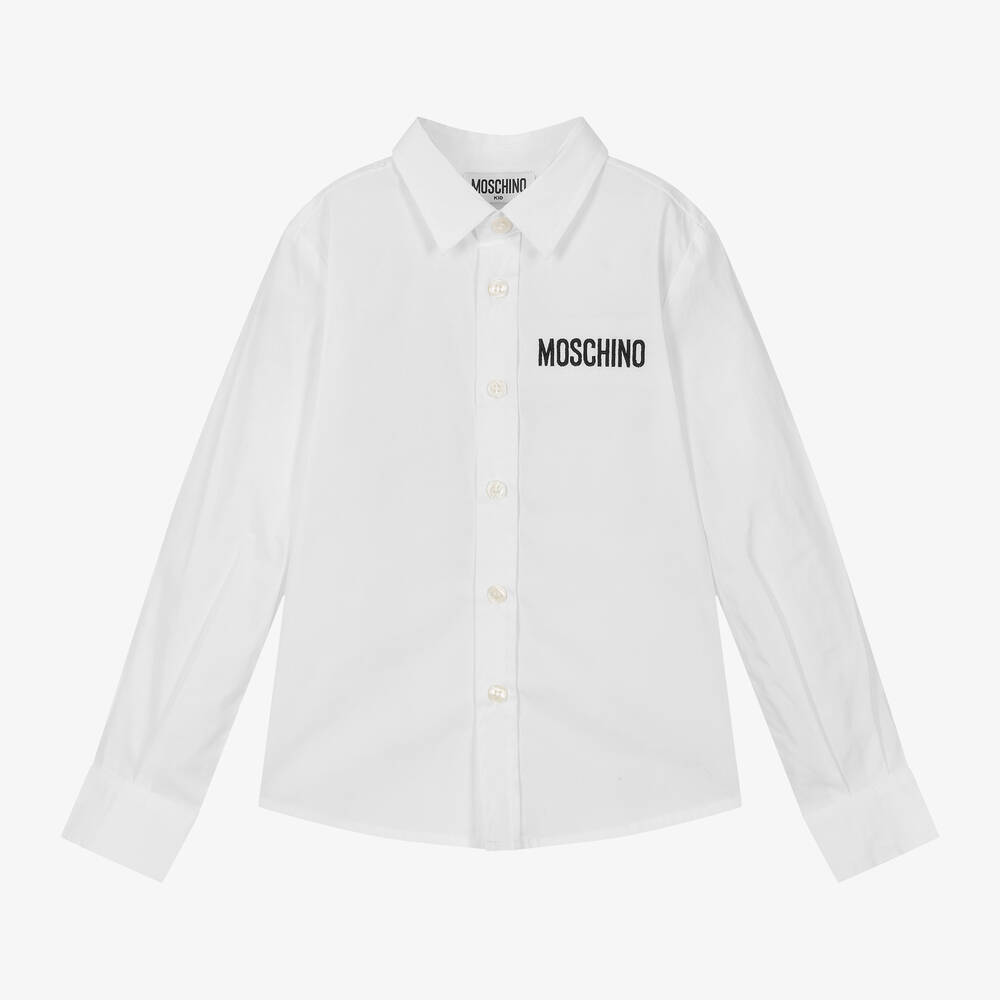 Moschino Kid-Teen-Boys White Cotton Embroidered Logo Shirt | Childrensalon Outlet
