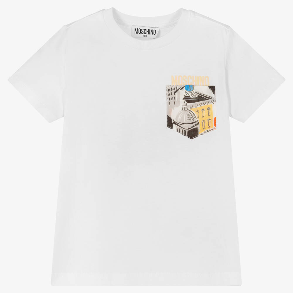 Moschino Kid-Teen - Boys White Cotton Pocket Logo T-Shirt | Childrensalon