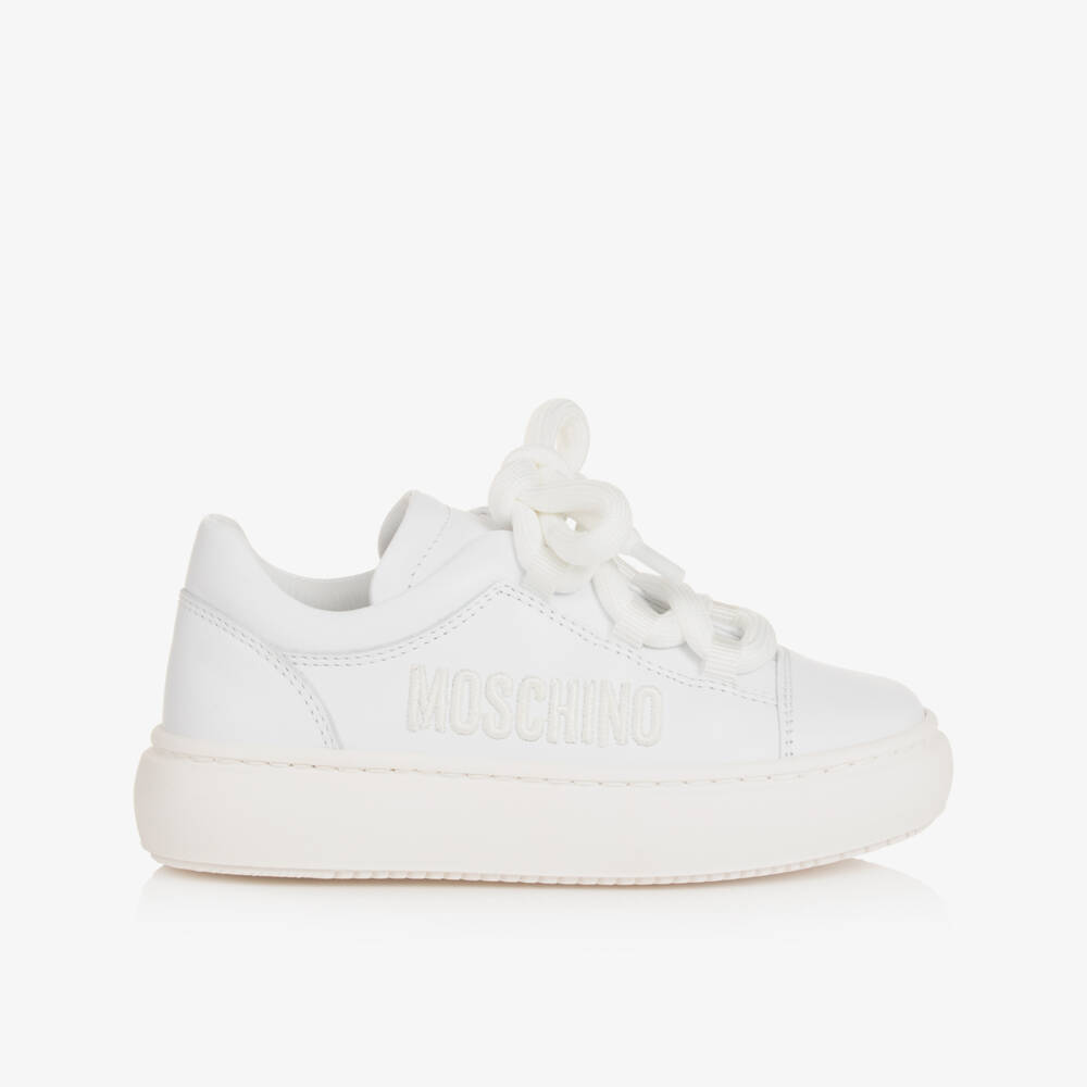 Moschino-Boys White Leather Logo Sneakers | Childrensalon Outlet