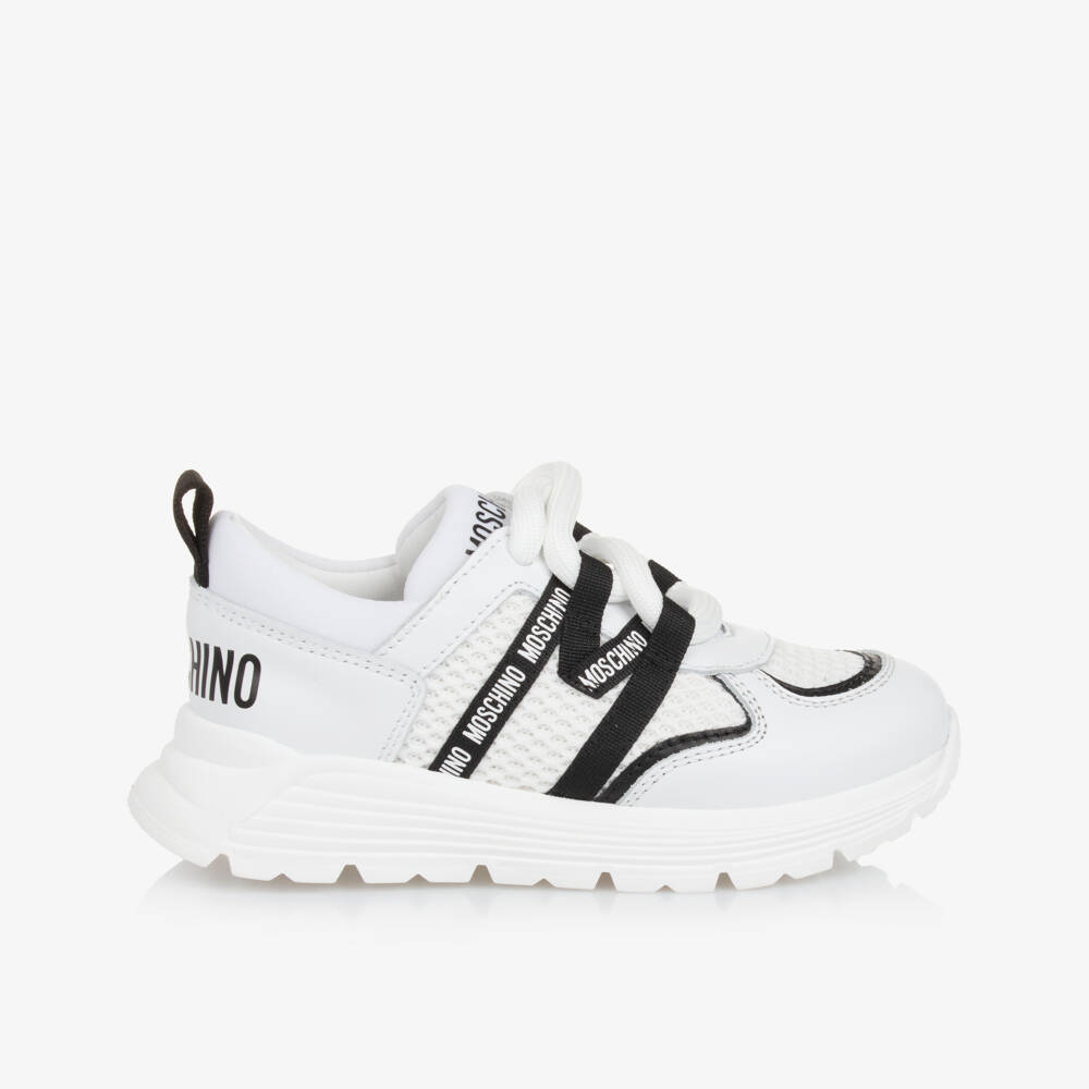 Moschino-Boys White Leather Mesh Sneakers | Childrensalon Outlet
