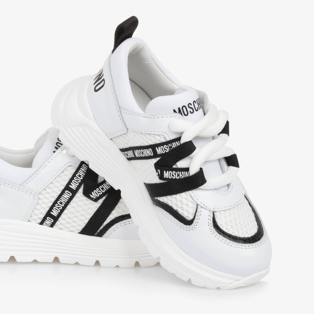 Moschino-Boys White Leather Mesh Sneakers | Childrensalon Outlet