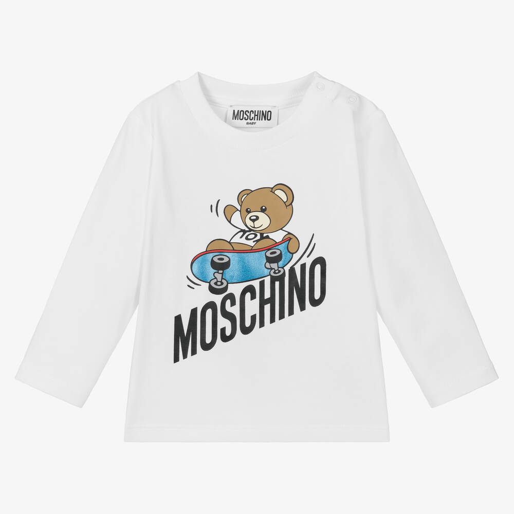 Moschino Baby - Белый топ с мишкой на скейте для мальчиков | Childrensalon