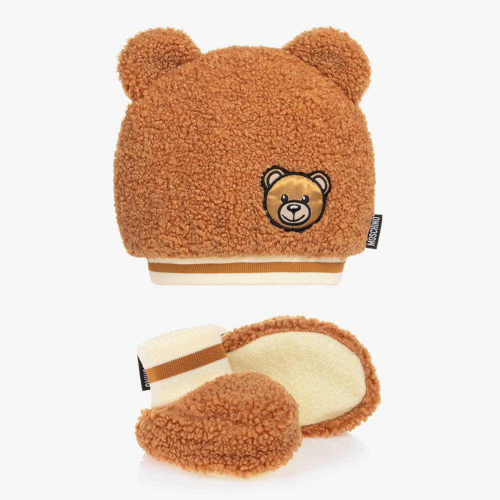 Moschino Baby - Brown Fleece Teddy Bear Baby Hat Set | Childrensalon