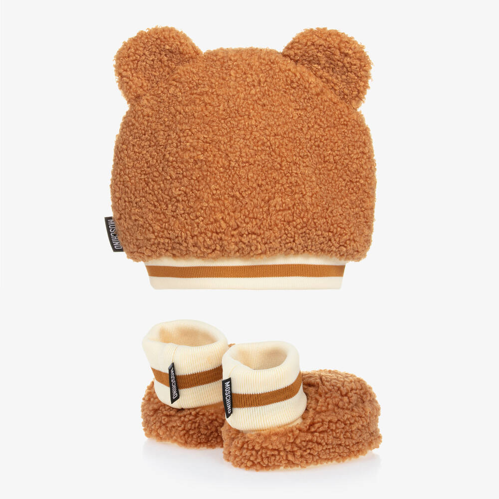 Moschino Baby Brown Fleece Teddy Bear Baby Hat Set Childrensalon Outlet