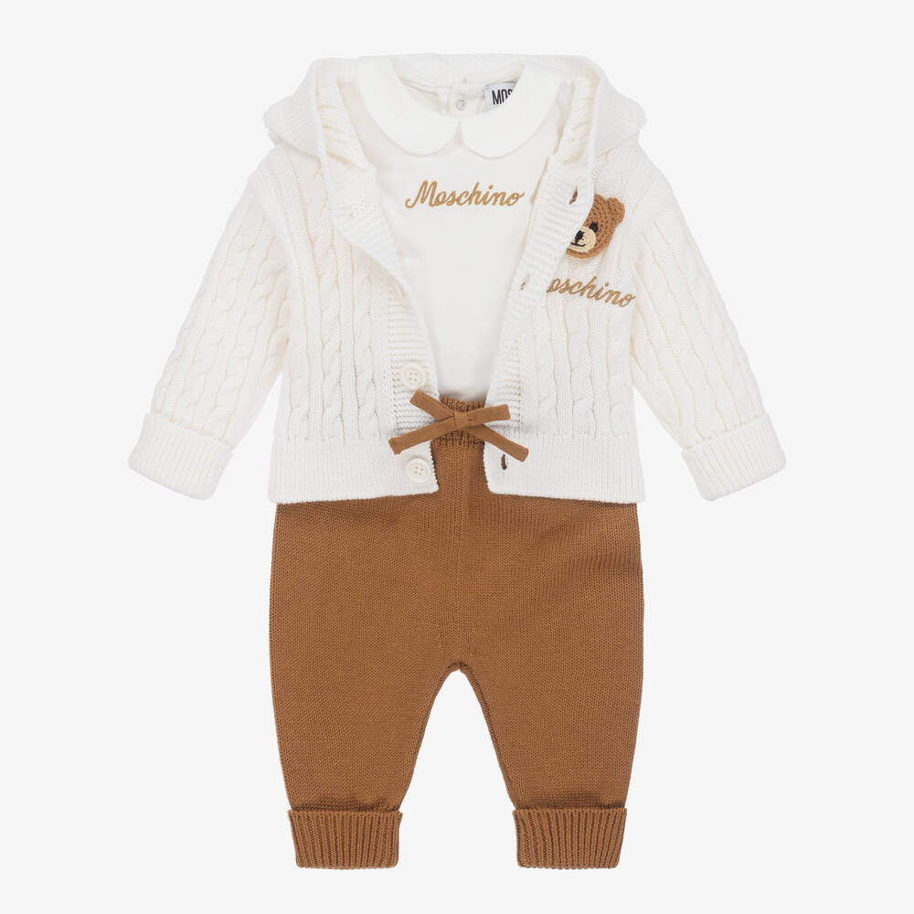 Moschino Baby - Brown & Ivory Knitted Baby Trouser Set | Childrensalon