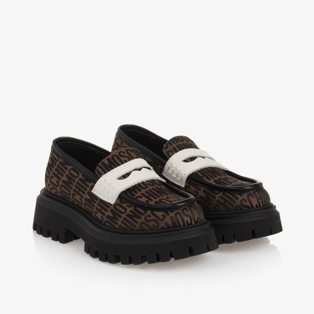Moschino-Brown Jacquard Loafers | Childrensalon Outlet