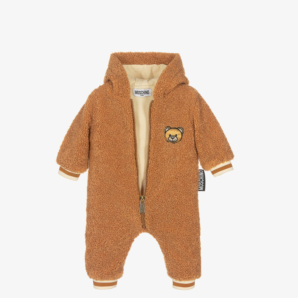 Moschino Baby-Brown Polar Fleece Teddy Bear Pramsuit | Childrensalon Outlet