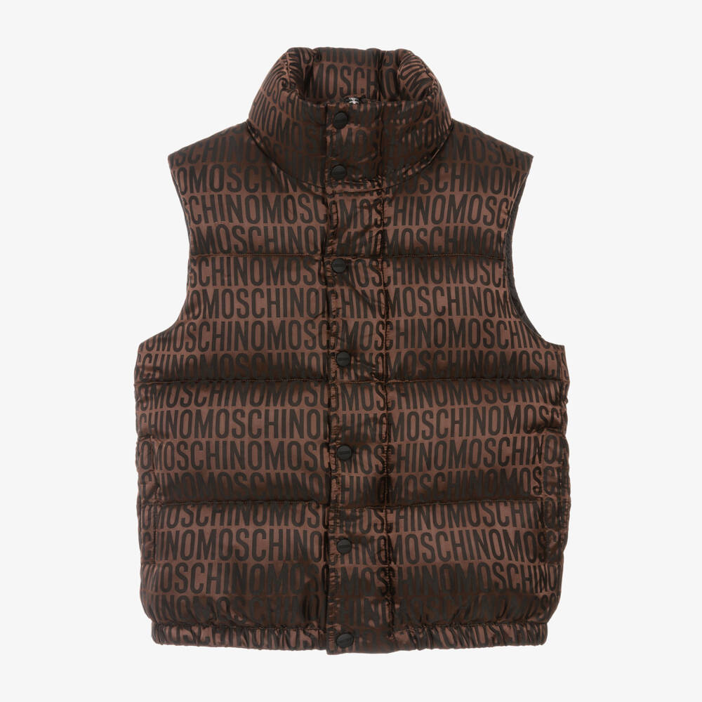 Moschino Kid-Teen-Brown Satin Logo Print Puffer Gilet | Childrensalon Outlet