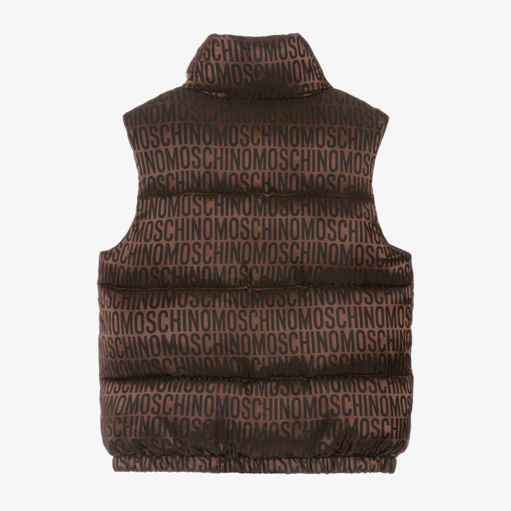 Moschino Kid-Teen-Brown Satin Logo Print Puffer Gilet | Childrensalon Outlet