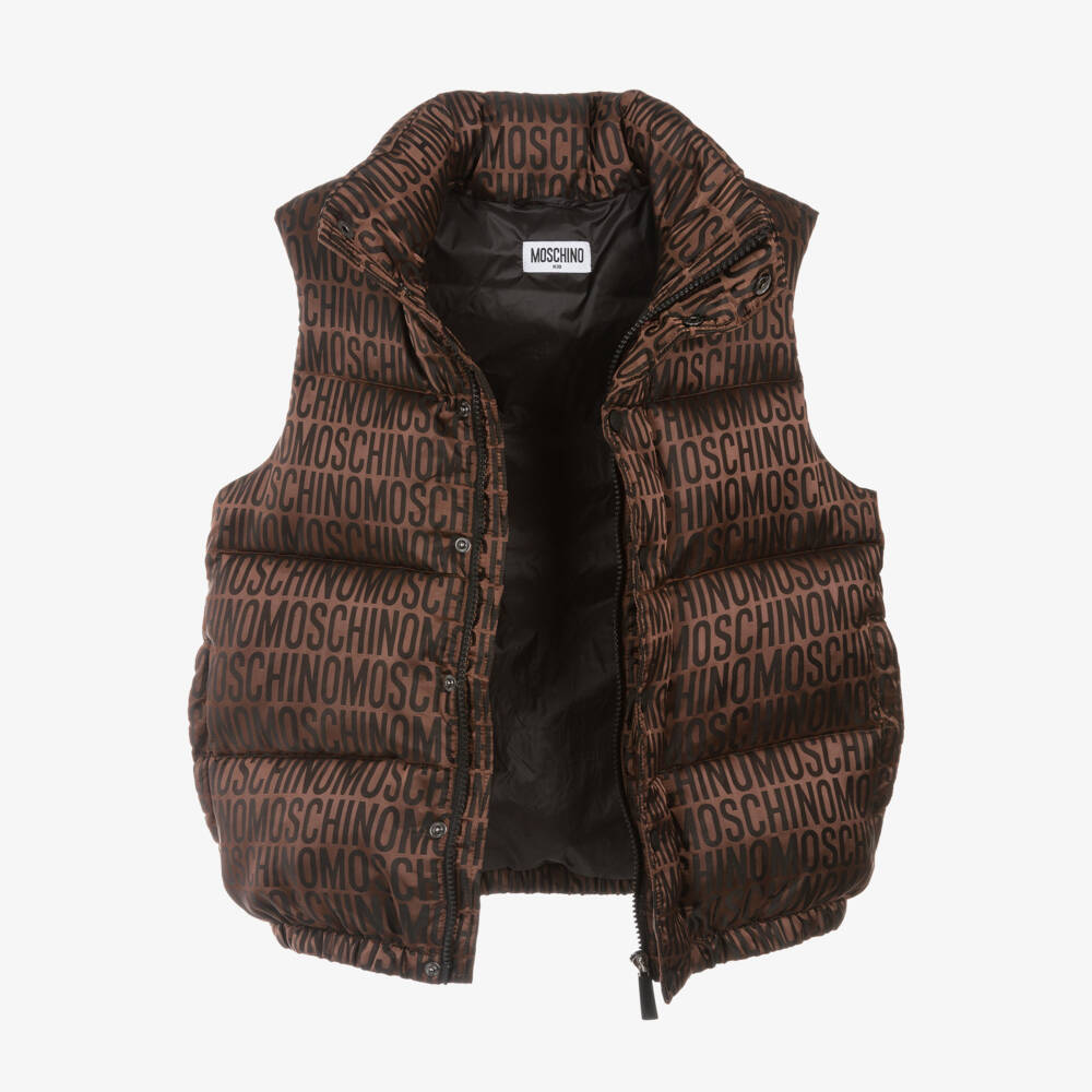 Moschino Kid-Teen-Brown Satin Logo Print Puffer Gilet | Childrensalon Outlet
