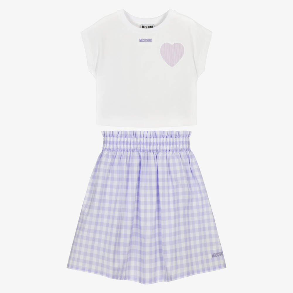 Moschino-Girl White & Purple Checkered Skirt Set | Childrensalon Outlet