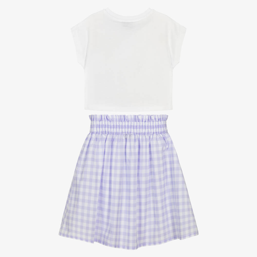 Moschino-Girl White & Purple Checkered Skirt Set | Childrensalon Outlet