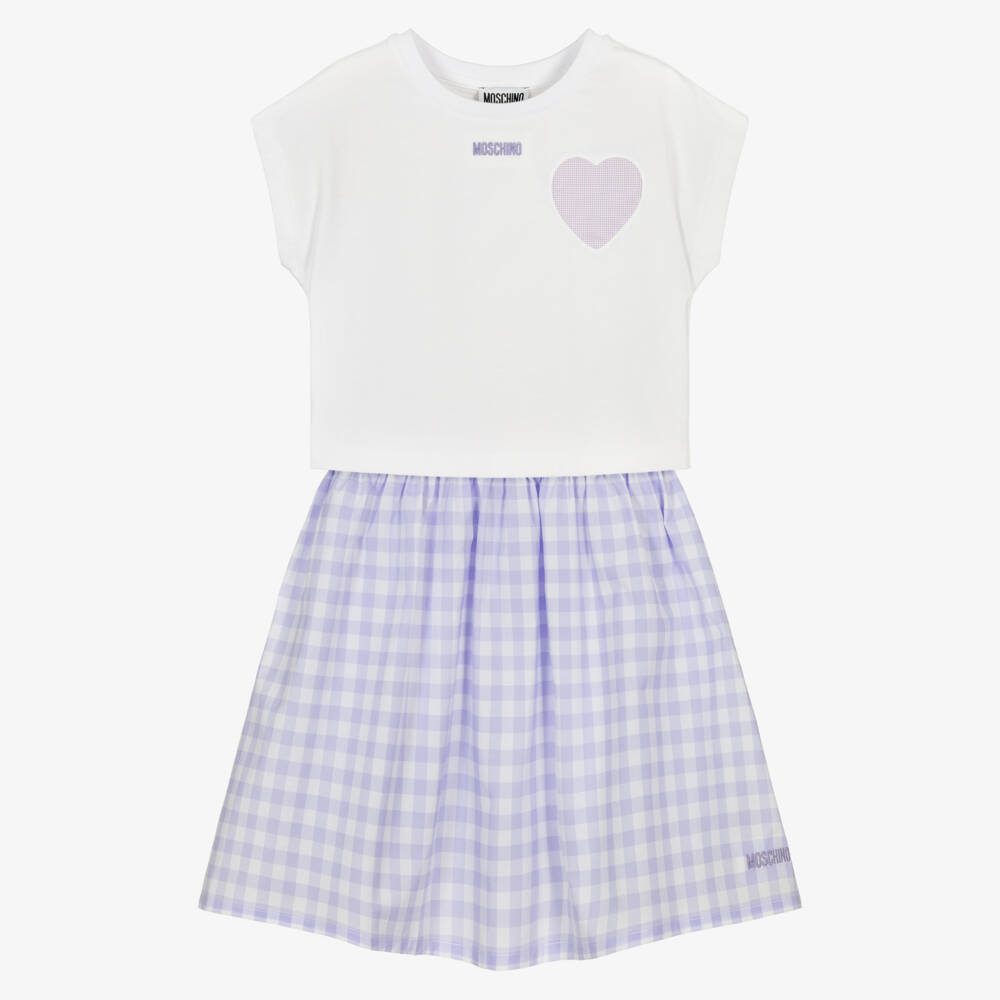 Moschino-Girl White & Purple Checkered Skirt Set | Childrensalon Outlet