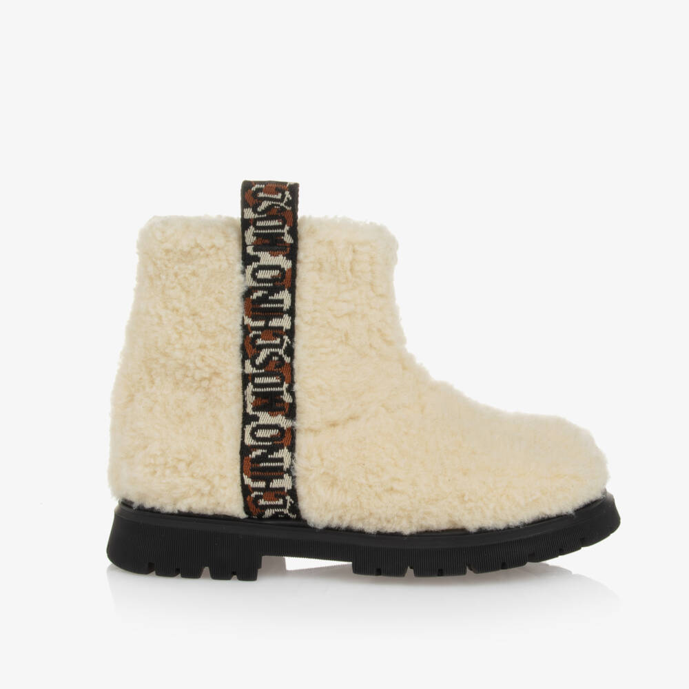 Moschino-Girls Beige Plush Fleece Boots | Childrensalon Outlet