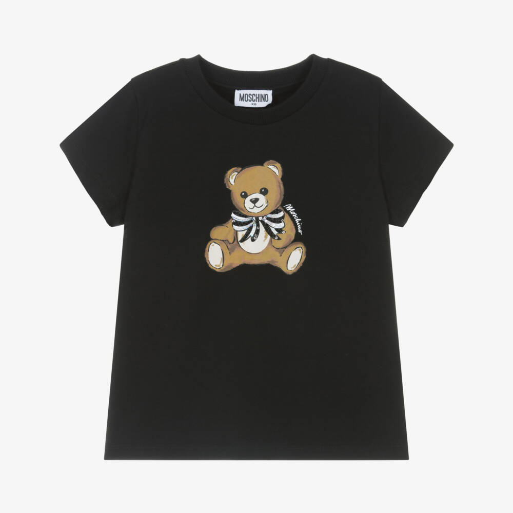 Moschino-Футболка из хлопка с медведем черная для девочек | Childrensalon Outlet