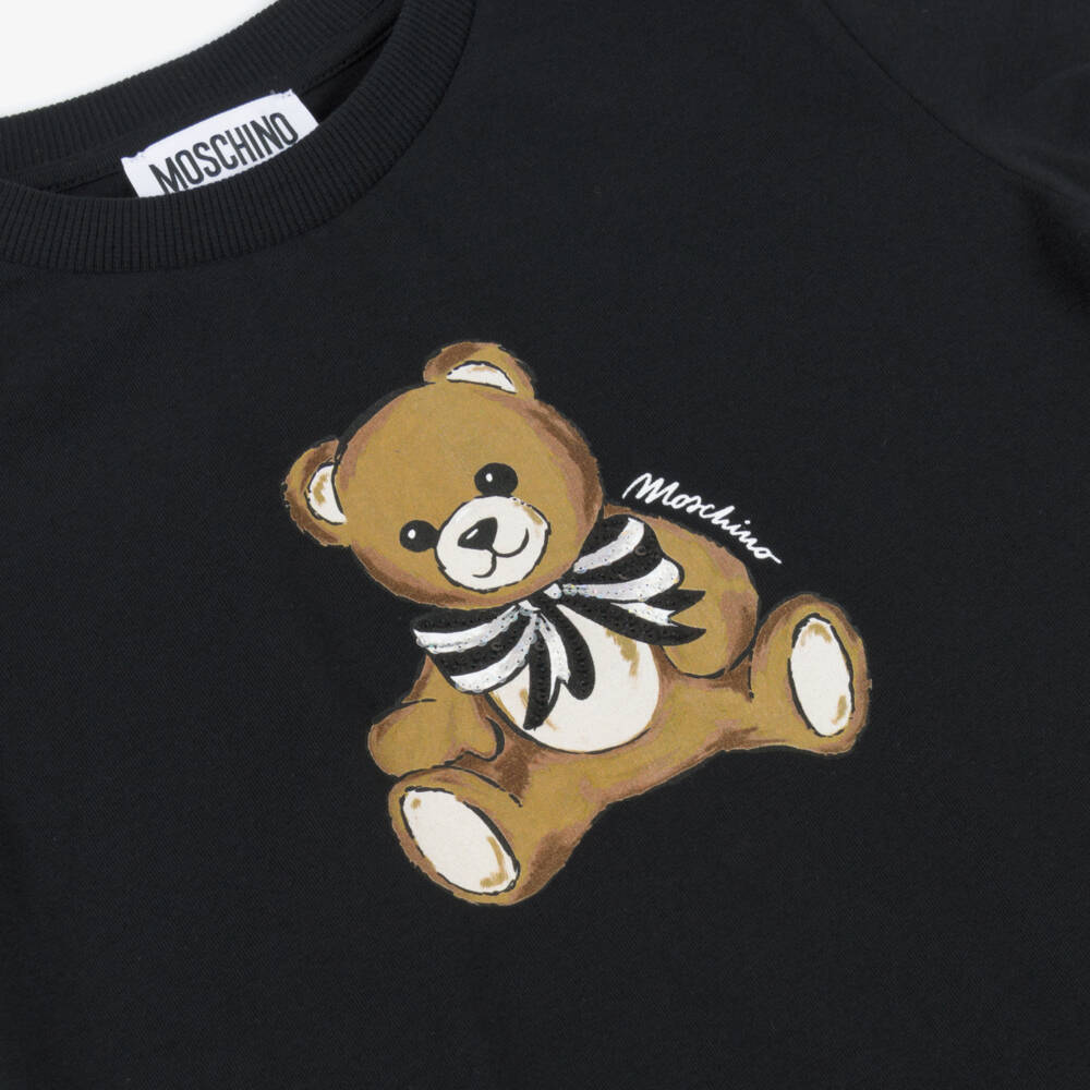 Moschino-Футболка из хлопка с медведем черная для девочек | Childrensalon Outlet